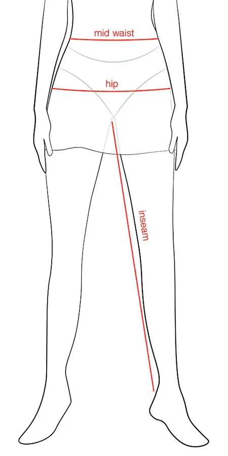 Diagram of the lower body showing where to measure mid waist, hip and inseam